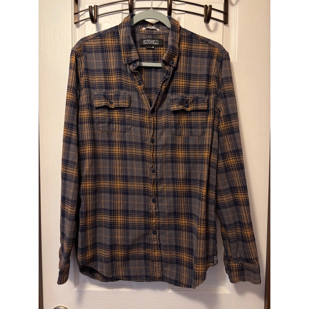 Ezekiel Mens Plaid Flannel Button Down Shirt Blue Yellow Grey Size M